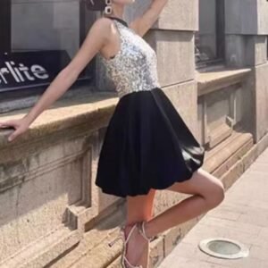 31. Elegant Silver Top with Black Skirt