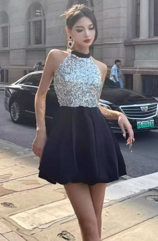 31. Elegant Silver Top with Black Skirt - Image 4